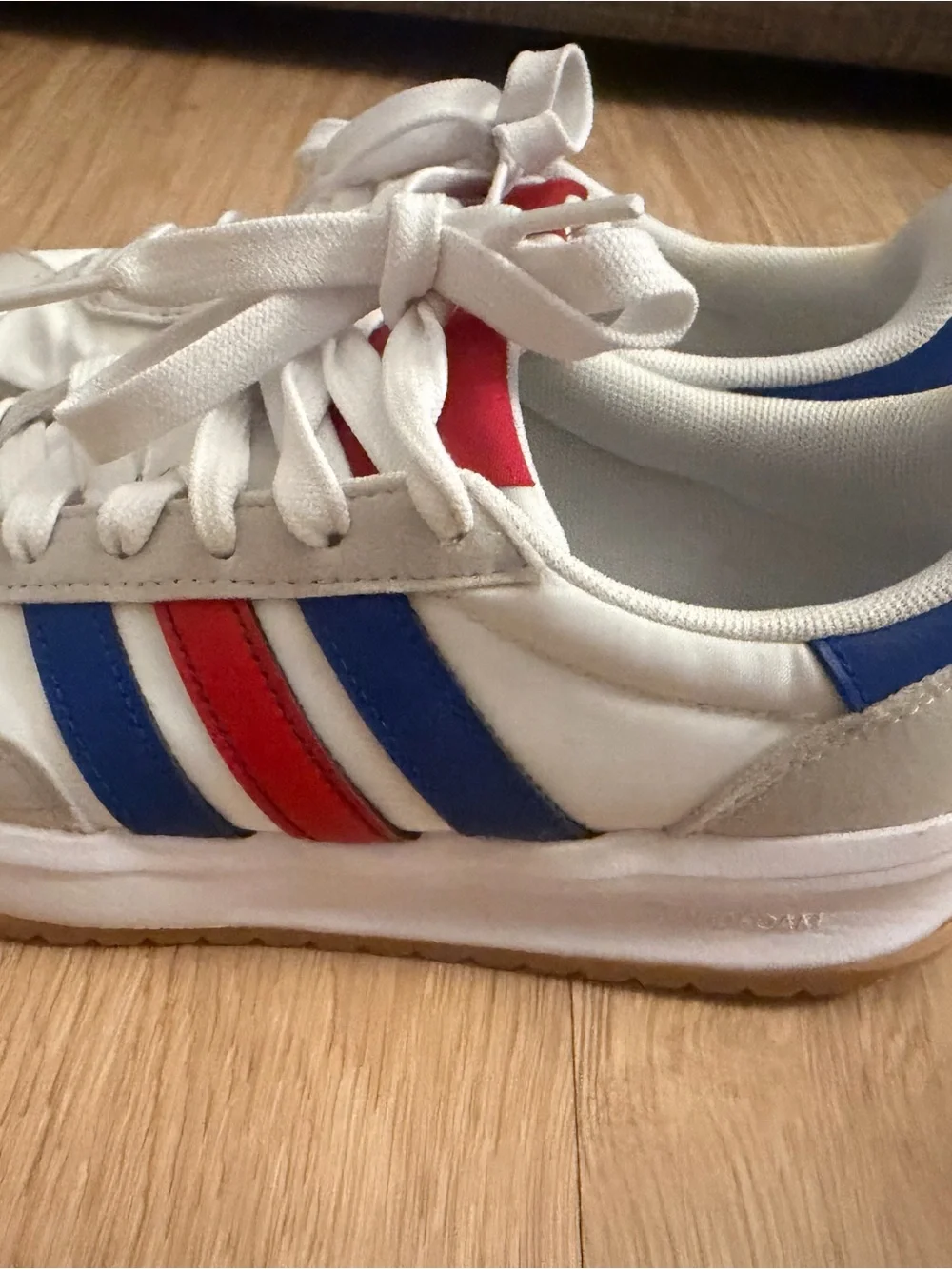 adidas White Sneakers with Red & Blue Stripes